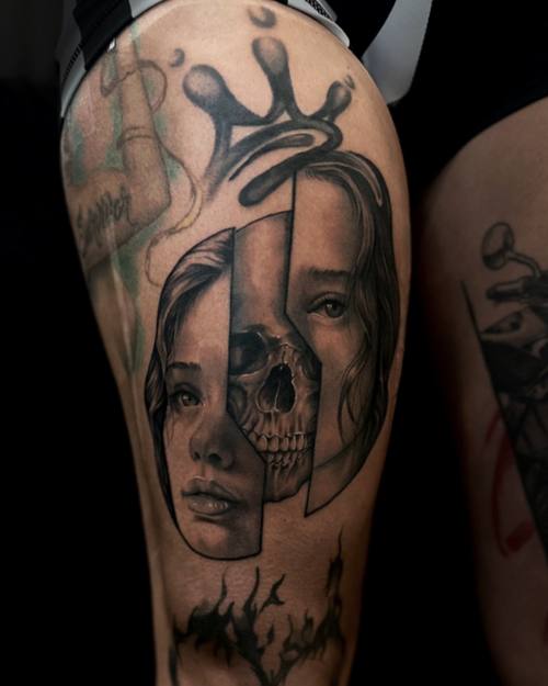 Split portrait of a young girl and a skull, black and grey thigh tattoo by Sam at KAZENTATTOO, Los Angeles