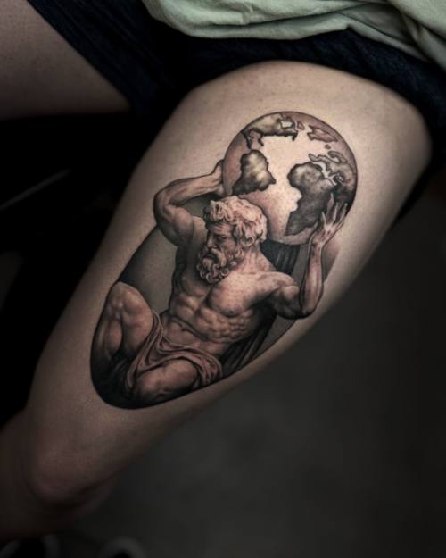 Atlas holding the globe, black and grey realism thigh tattoo by Sam at KAZENTATTOO, Los Angeles