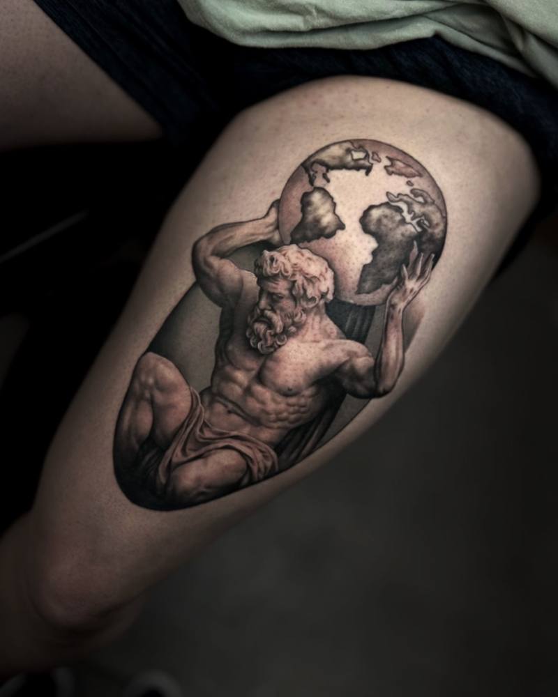 Atlas holding the globe, black and grey realism thigh tattoo by Sam at KAZENTATTOO, Los Angeles