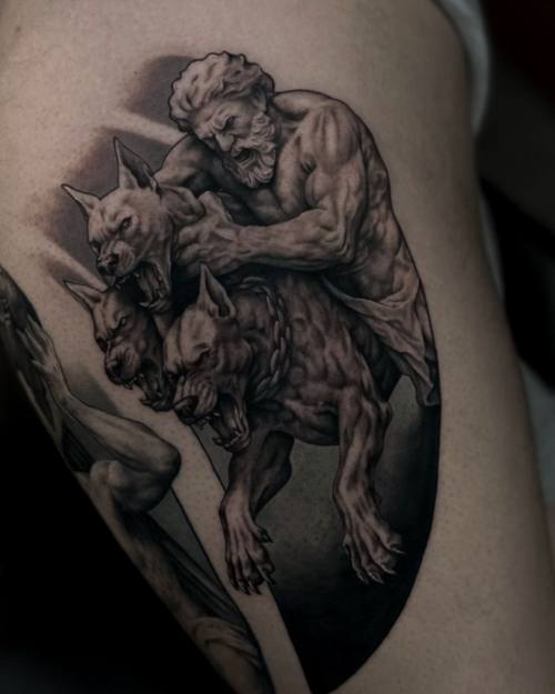 Three-headed hellhound with a muscular figure, black and grey thigh tattoo by Sam at KAZENTATTOO, Los Angeles, second view