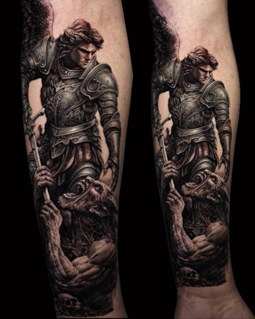 Armoured warrior with banner and roses, black and grey arm tattoo by Vladimir Kozachenko