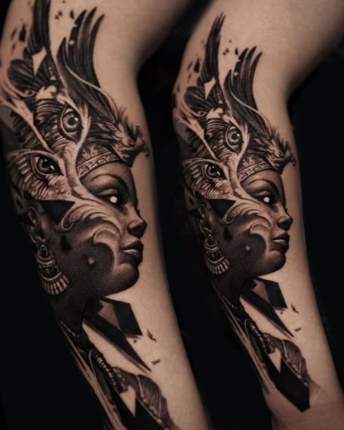 Egyptian queen with eagle headdress, black and grey arm tattoo by Vladimir Kozachenko