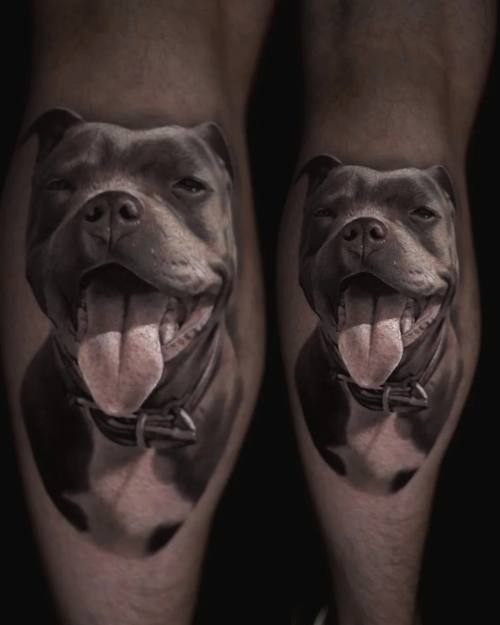 Staffordshire bull terrier portraits, matching black and grey calf tattoos by Vladimir Kozachenko