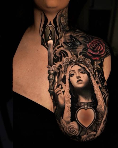 Madonna with candle, roses and butterfly, chest and shoulder tattoo