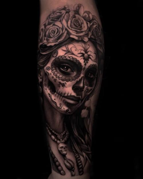 Catrina with roses, Day of the Dead black and grey arm tattoo by Vladimir Kozachenko