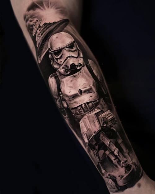 Stormtrooper and AT-AT walker, black and grey realism forearm tattoo