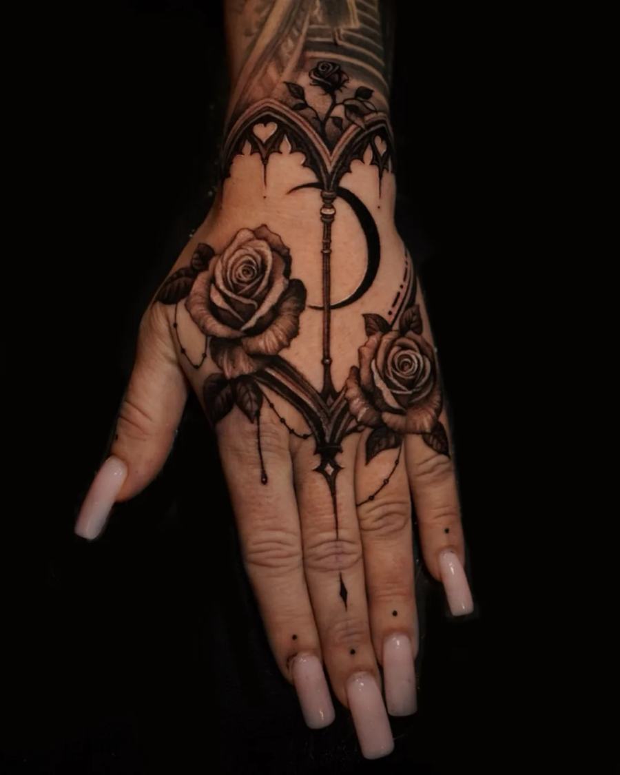 Rose, crescent moon and cross, fine line hand tattoo by Vladimir Kozachenko at KAZENTATTOO, Los Angeles