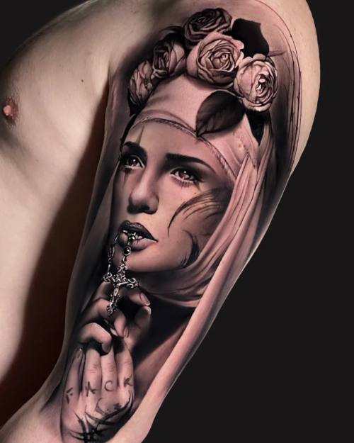 Woman in a hood with roses and lace, black and grey arm tattoo by Vladimir Kozachenko