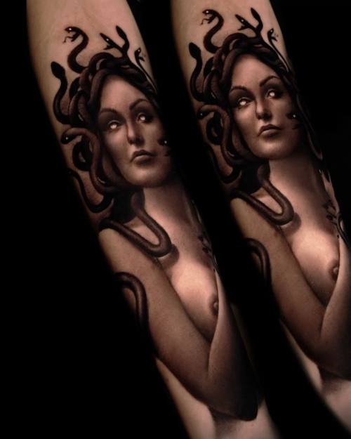 Medusa with snakes, black and grey realism forearm tattoo by Vladimir Kozachenko