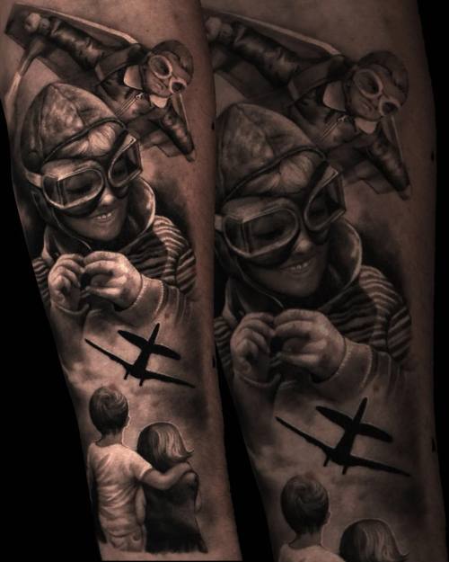 Plague doctor and skulls, black and grey realism forearm tattoo