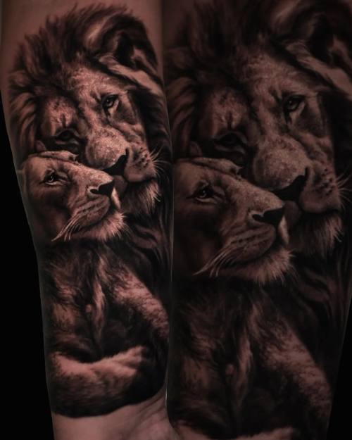 Lion and lioness, black and grey realism forearm tattoo