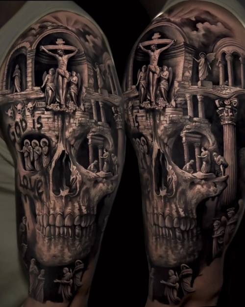 Skull with crucifix, angel and columns, God Is Love matching calf tattoos
