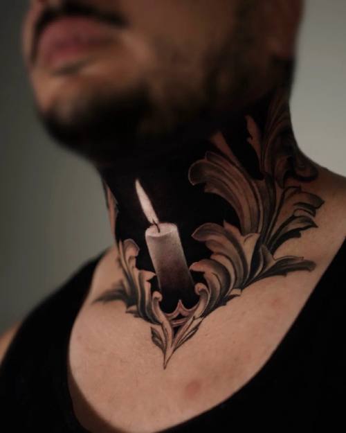 Candle in a baroque ornament frame, black and grey neck tattoo