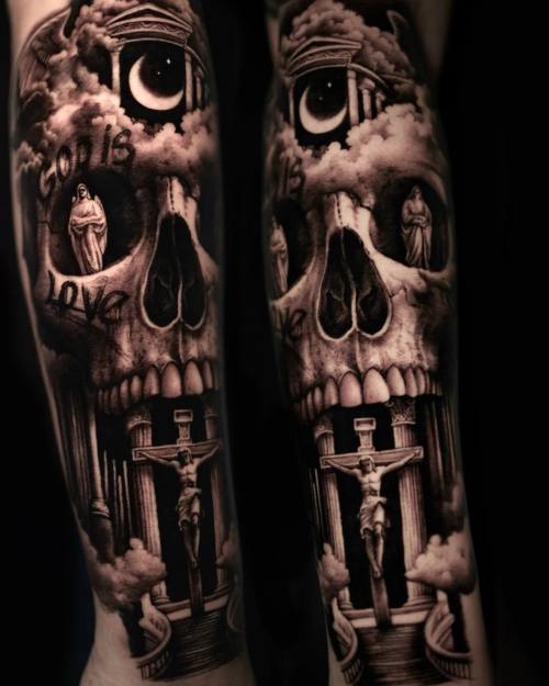 Skull with moon and eye, candle and figures, black and grey forearm tattoo